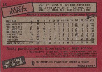 1985 Topps Wendy's/Coca-Cola Detroit Tigers #13 Rusty Kuntz Back
