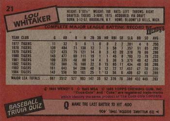 1985 Topps Wendy's/Coca-Cola Detroit Tigers #21 Lou Whitaker Back