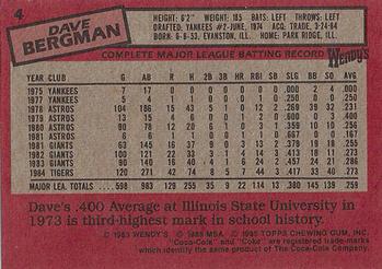 1985 Topps Wendy's/Coca-Cola Detroit Tigers #4 Dave Bergman Back