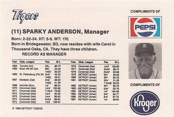 1988 Pepsi/Kroger Detroit Tigers #11 Sparky Anderson Back