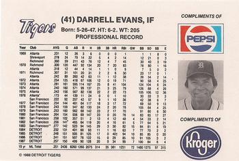 1988 Pepsi/Kroger Detroit Tigers #41 Darrell Evans Back