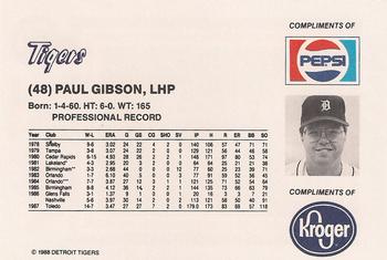 1988 Pepsi/Kroger Detroit Tigers #48 Paul Gibson Back
