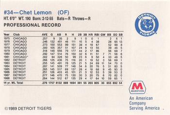 1989 Marathon Detroit Tigers #34 Chet Lemon Back