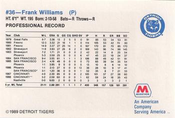 1989 Marathon Detroit Tigers #36 Frank Williams Back