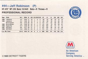 1989 Marathon Detroit Tigers #44 Jeff Robinson Back