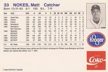 1990 Coca-Cola/Kroger Detroit Tigers #NNO Matt Nokes Back