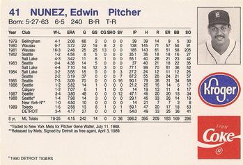 1990 Coca-Cola/Kroger Detroit Tigers #NNO Edwin Nunez Back