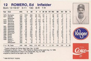 1990 Coca-Cola/Kroger Detroit Tigers #NNO Ed Romero Back