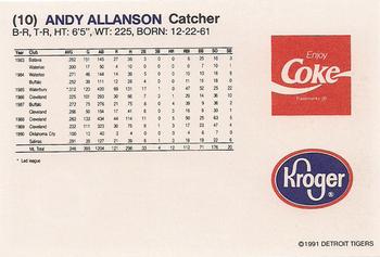 1991 Coca-Cola/Kroger Detroit Tigers #NNO Andy Allanson Back