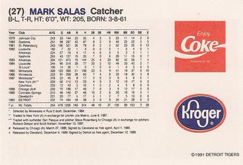 1991 Coca-Cola/Kroger Detroit Tigers #NNO Mark Salas Back