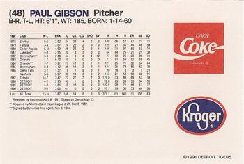 1991 Coca-Cola/Kroger Detroit Tigers #NNO Paul Gibson Back
