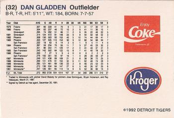 1992 Kroger Detroit Tigers #NNO Dan Gladden Back