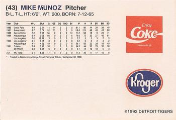 1992 Kroger Detroit Tigers #NNO Mike Munoz Back
