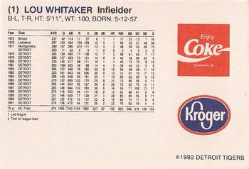 1992 Kroger Detroit Tigers #NNO Lou Whitaker Back