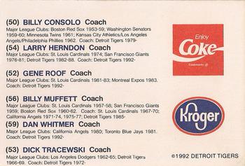 1992 Kroger Detroit Tigers #NNO Billy Consolo / Larry Herndon / Gene Roof / Billy Muffett / Dan Whitmer / Dick Tracewski Back