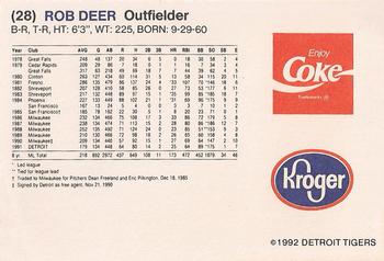 1992 Kroger Detroit Tigers #NNO Rob Deer Back