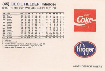1992 Kroger Detroit Tigers #NNO Cecil Fielder Back