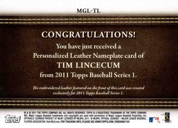 2011 Topps - Manufactured Glove Leather Nameplates #MGL-TL Tim Lincecum Back