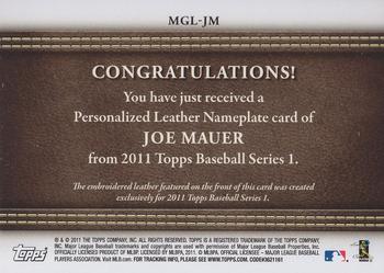 2011 Topps - Manufactured Glove Leather Nameplates #MGL-JM Joe Mauer Back