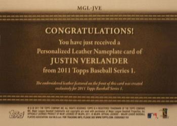 2011 Topps - Manufactured Glove Leather Nameplates #MGL-JVE Justin Verlander Back
