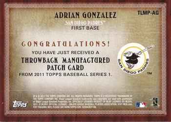 2011 Topps - Throwback Logo Manufactured Patch #TLMP-AG Adrian Gonzalez Back