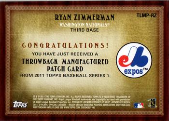 2011 Topps - Throwback Logo Manufactured Patch #TLMP-RZ Ryan Zimmerman Back