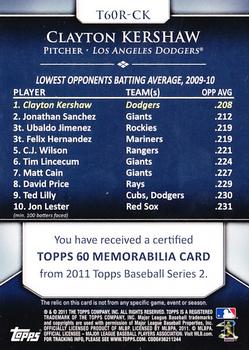 2011 Topps - Topps 60 Relics #T60R-CK Clayton Kershaw Back