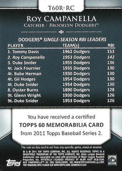 2011 Topps - Topps 60 Relics #T60R-RC Roy Campanella Back