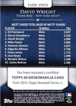 2011 Topps - Topps 60 Relics #T60R-DWR David Wright Back