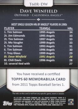2011 Topps - Topps 60 Relics #T60R-DW Dave Winfield Back