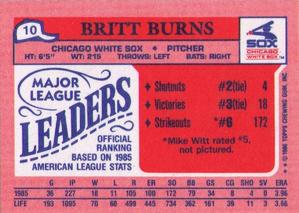 1986 Topps Major League Leaders Minis #10 Britt Burns Back