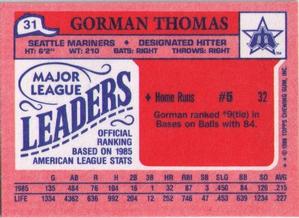 1986 Topps Major League Leaders Minis #31 Gorman Thomas Back