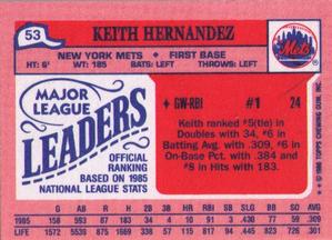 1986 Topps Major League Leaders Minis #53 Keith Hernandez Back
