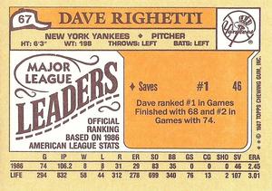 1987 Topps Major League Leaders Minis #67 Dave Righetti Back