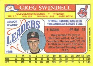 1989 Topps Major League Leaders Minis #52 Greg Swindell Back