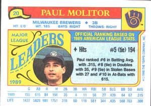 1990 Topps Major League Leaders Minis #20 Paul Molitor Back