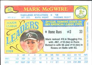 1990 Topps Major League Leaders Minis #30 Mark McGwire Back