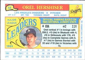 1990 Topps Major League Leaders Minis #58 Orel Hershiser Back