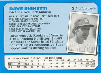 1987 Topps Kay-Bee Superstars of Baseball #27 Dave Righetti Back