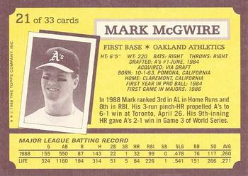 1989 Topps Kay-Bee Superstars of Baseball #21 Mark McGwire Back