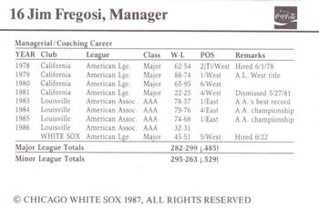 1987 Coca-Cola Chicago White Sox #11 Jim Fregosi Back