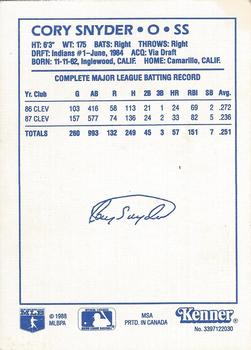 1988 Kenner Starting Lineup Cards #3397122030 Cory Snyder Back