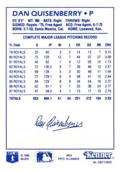 1988 Kenner Starting Lineup Cards #3397114020 Dan Quisenberry Back