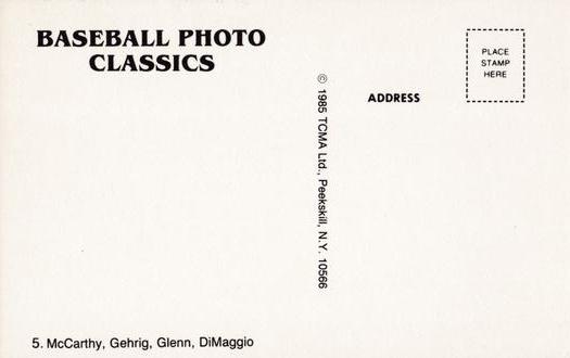 1985 TCMA Photo Classics #5 Yankees Dugout - Joe McCarthy / Lou Gehrig / Joe Glenn / Joe DiMaggio Back