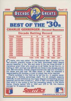 1986 Sportflics Decade Greats #12 Charlie Gehringer Back