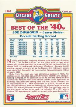 1986 Sportflics Decade Greats #20 Joe DiMaggio Back