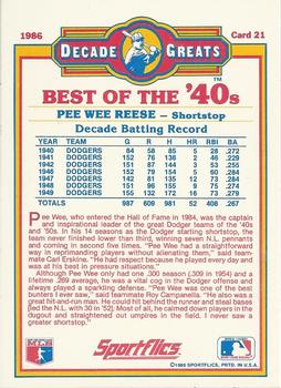 1986 Sportflics Decade Greats #21 Pee Wee Reese Back