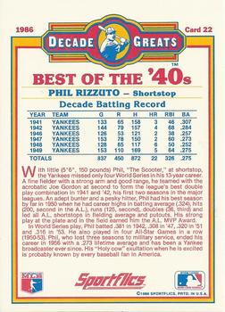 1986 Sportflics Decade Greats #22 Phil Rizzuto Back