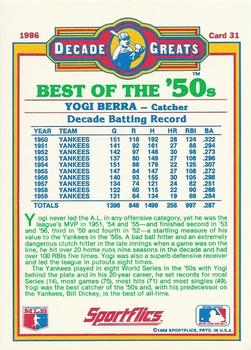 1986 Sportflics Decade Greats #31 Yogi Berra Back
