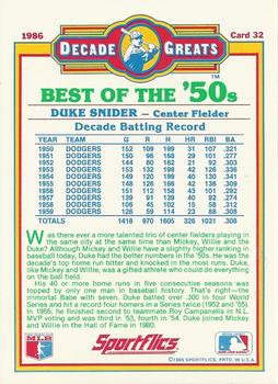 1986 Sportflics Decade Greats #32 Duke Snider Back
